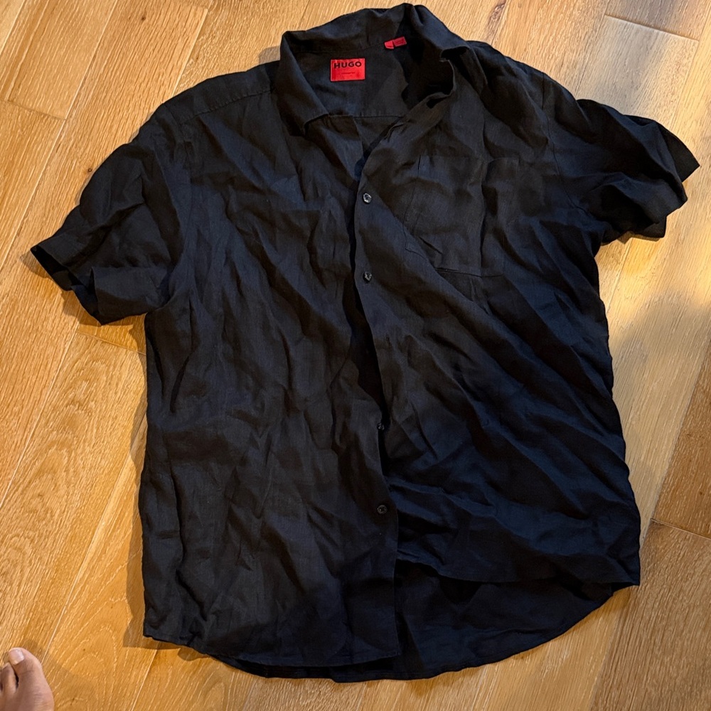 HUGO Men's Linen Black Casual Button Down Shirt